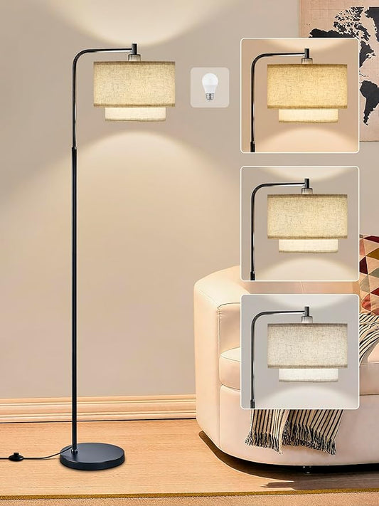 Modern Floor Lamp for Living Room Bedroom, Arc Floor Lamp with 3 Color Temperatures, Standing Lamp with Double Oatmeal Linen Lampshade, Tall Lamp with A19 12W LED Bulb, Foot Switch Control, Black