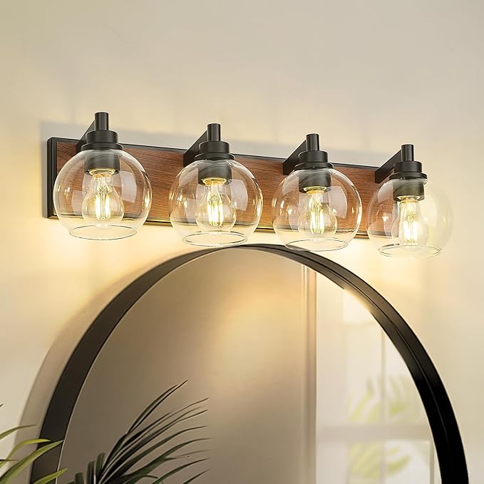 Bathroom Light Fixtures, 4-Light Black and Faux-Wood Finish Bathroom Vanity Light, 26 Inch Farmhouse Wall Sconces with Globe Clear Glass Shade, Vanity Lighting Fixtures Over Mirror, VL195-WB-4