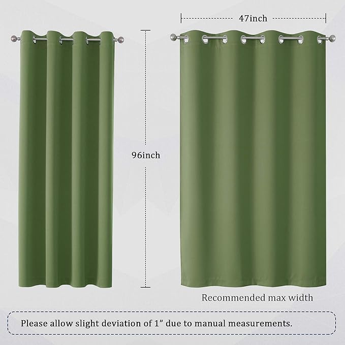 DUALIFE Sage Green Blackout Curtains 52 x 96 Inch Long Set of 2 Panels for Bedroom Thermal Insulated Grommet Room Darkening Window Curtain Drapes for Living Room