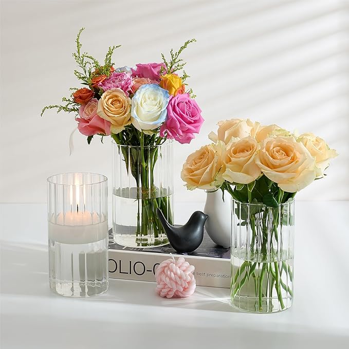 Ribbed Glass Vase Set of 12 Packs, Propagation Vases for Plants, 6 Inches Glass Cylinder Vases for Centerpieces, Hurricane Candle Holder for House Warming Decoration Party