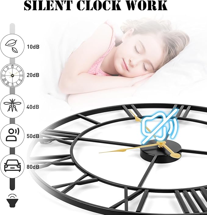 Large Wall Clock, 24-Inch Roman Numeral Decorative Art,Completely Silent, Non Ticking, Battery-Operated Metal Wall Clock for Living Room, Bedroom and Kitchen-Black&Gold Hands