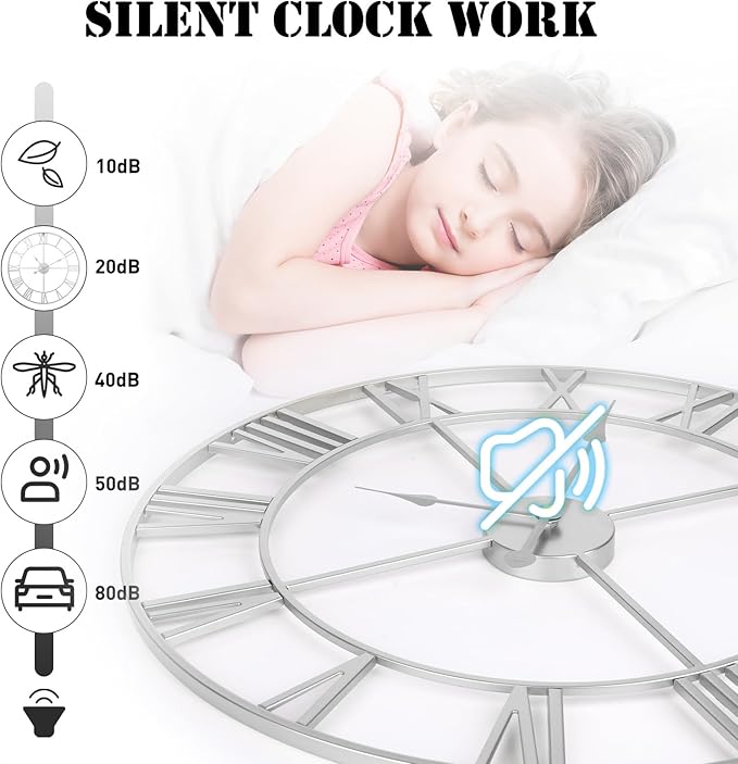 Large Wall Clock, 24-Inch(60CM) Roman Numeral Decorative Art,Completely Silent, Non Ticking, Battery-Operated Metal for Living Room, Bedroom and Kitchen-Silver
