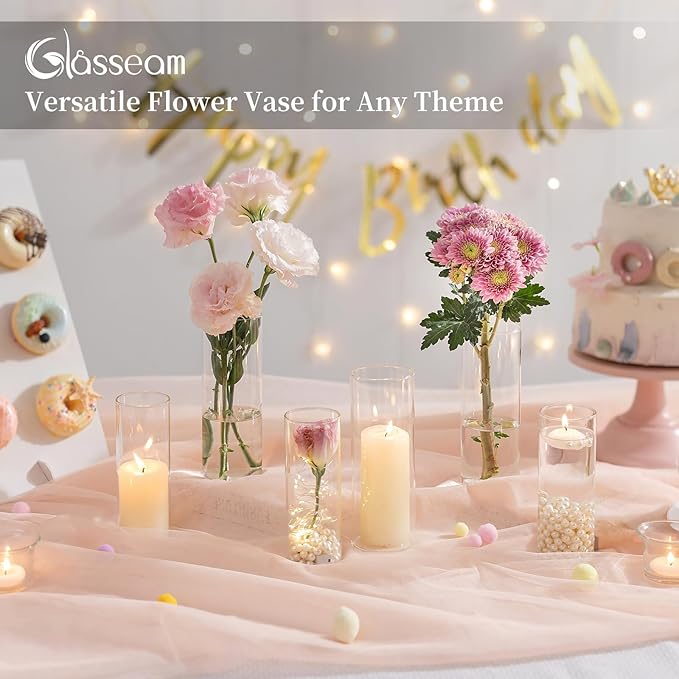 Glasseam Glass Cylinder Vase in Bulk: 12pcs Clear Small Bud Flower Vases for Centerpieces - Modern Hurricane Pillar or Floating Candle Holder for Wedding Party Table Living Room Home Decor, Tall 6"+7"