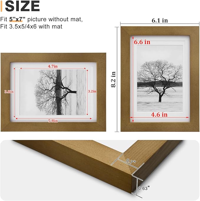 Egofine 5x7 Picture Frames 4 Pack Made of Solid Wood Covered by Plexiglass Matted for 4x6 or 3.5x5 for Table Top Display and Wall Mounting Photo Frame, Light Brown