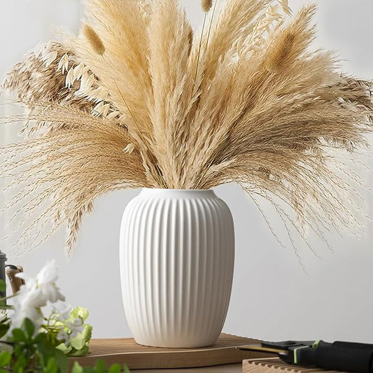 White Ceramic Vase for Modern Home Decor, Minimalistic Nordic Boho Matte Vase for Decorating Farmhouse Central Location, Perfect for Wedding Table Living Room Office Bedroom Kitchen Gift