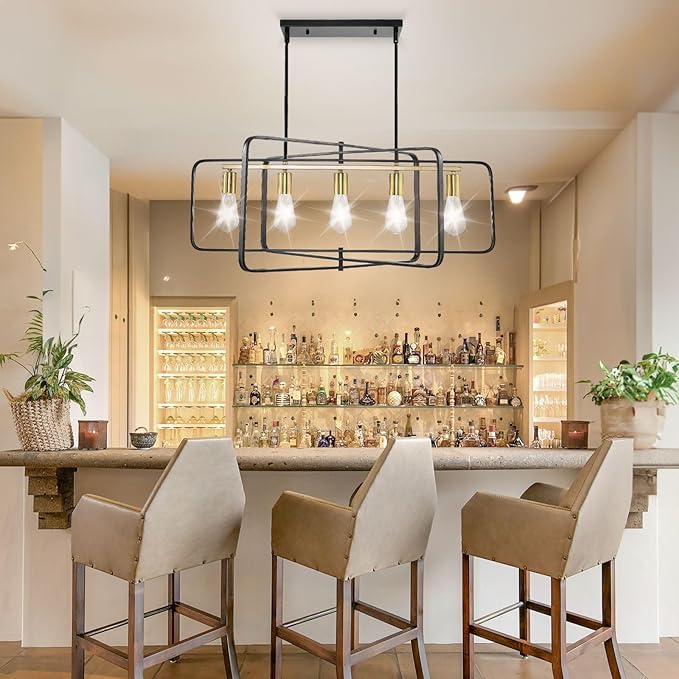 Black and Gold Farmhouse Chandeliers for Dining Room, 5-Light Kitchen Island Lighting, Rustic Rectangle Linear Pendant Lights, Large Dining Room Light Fixture/High Ceiling Chandelier Over Table