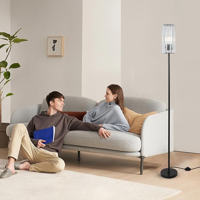 HMVPL Black Floor Lamp for Living Room, Elegant Floor Lamp for Bedroom with K9 Crystal Shade, Modern Standing Lamp for Corner with On/Off Switch, Pole Tall Lamp for Nursery Office Home Decor