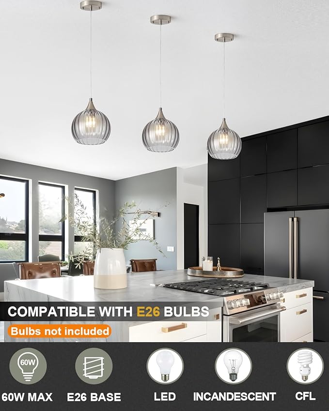 Brushed Nickel Pendant Lights Kitchen Island, Globe Pendant Light Fixtures with 8 Inch Clear Glass Shade, Modern Hanging Light Fixtures for Kitchen, Bedroom (1 Pack - Gray Glass Pendant Light)