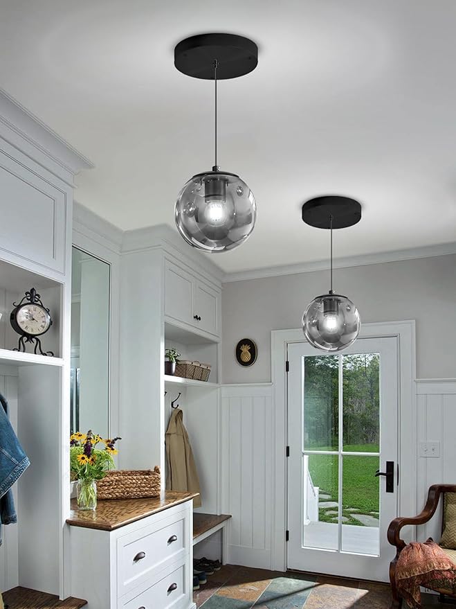 1-Light Black Pendant Light Fixtures Modern Smoke Gray Glass Globe Pendant Lights Kitchen Island Adjustable Hanging Lights Globe Stairwell Lighting Black Chandelier for Dining Room