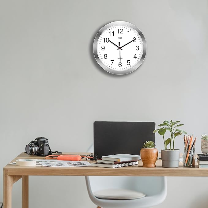 HITO 12 Inch Silent Wall Clock Battery Operated Non Ticking Glass Cover Silver Aluminum Frame, for Kitchen, Bedroom, Home Office, Living Room Decor
