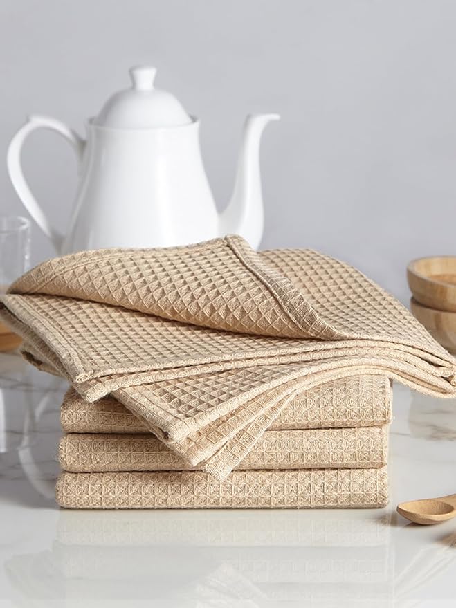 Encasa XO Kitchen Dish Towels Set | Beige | Waffle Weave and Flat Hand Tea Towel | 28"x18" | Quick Drying Reusable Cotton Washcloths | Multipurpose Lightweight Dishcloths Set of 4