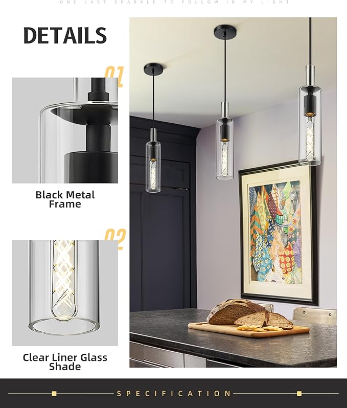 AUTELO Modern Pendant Lights, 1-Light Glass Pendant Light, Industrial Hanging Light Fixtures in Black Metal Finish with Clear Glass, Kitchen Pendant Lighting Over Island for Dining Room, H3875 BK