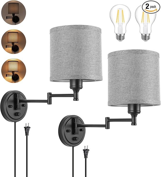Dimmable Plug in Wall Sconces, Swing Arm Wall Lamp, Wall Sconces Set of Two, Plug in Wall Light, Sconces Wall Decor Set of 2, Grey Fabric Shade, 2pcs Bulbs Included