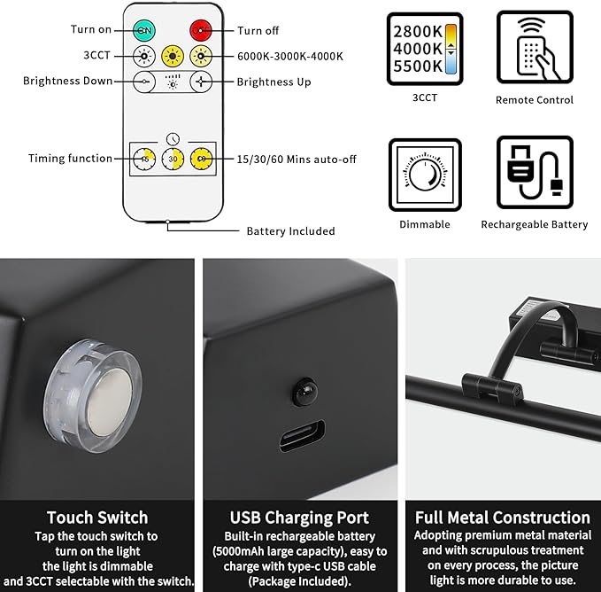JUSHENG Black Picture Light Battery Operated 15.75'' Inch, Rechargeable Gallery Lighting with Swing Arm and Dimmable Function, Full Metal Wireless Painting Lights for Display, Portrait, Artwork 3W