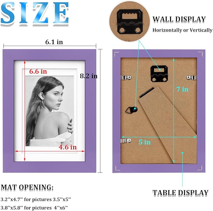 Egofine 5x7 Picture Frame 4PCS Made of Solid Wood, Display Pictures 3.5x5/4x6 with Mat or 5x7 Without Mat Covered by Plexiglass for Table Top Display and Wall Mounting Photo Frame, Purple