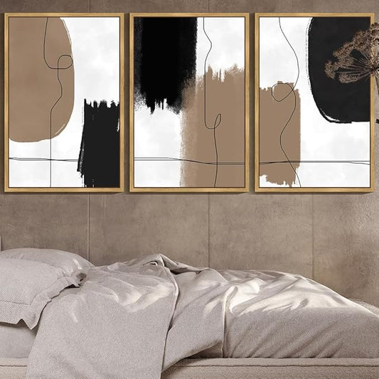 KUVIOKE Neutral Abstract Framed Wall Art Beige Mid Century Textured Wall Decor Minimalist Line Modern Illustrations Art Print Home Decor 24x36in (Natural Framed)