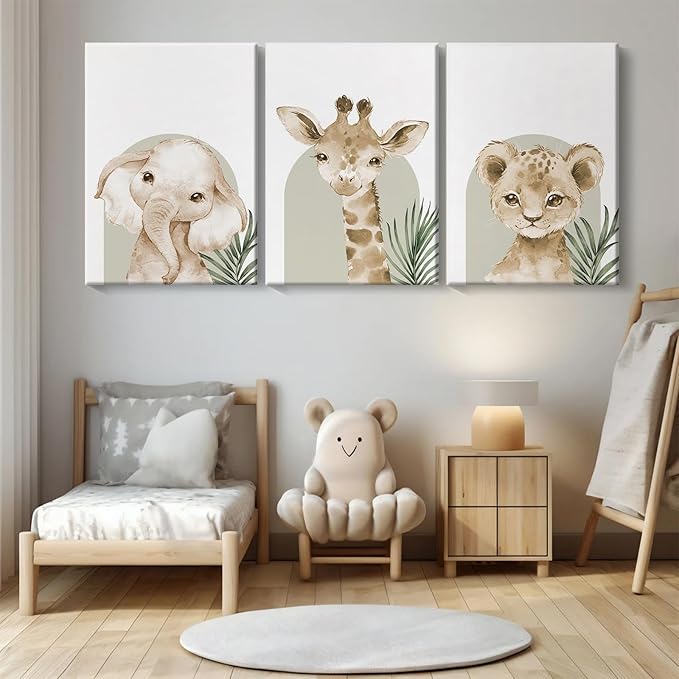 Animal Wall Art Pictures Baby Nursery Canvas Wall Art Decor Safari Animal Prints Jungle Kids Wall Art Woodland Nursery Wall Decor Giraffe Jungle Poster for Room 12x16 Inch Framed Set of 3