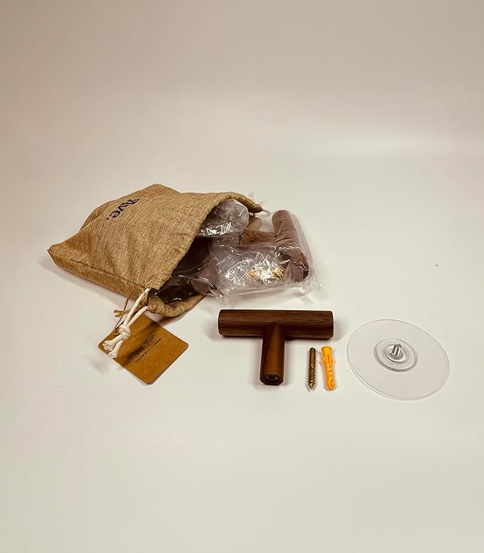 Wooden Coat Hooks, Decorative Wall Hooks for Bags, Hats, Coats, Purse, Heavy Duty, Sturdy, Natural Walnut, Easy to Install, Holds Up to 7lbs - Pack of 5