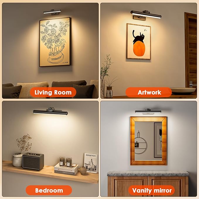 Picture Light for Wall with Remote, Wireless Battery Operated Wall Lights with 3 Colors Dimmable & Timer, 12.6" Rechargeable Metal Wall Sconce for Living Room, Artwork Gallery Display, Black 1Pack