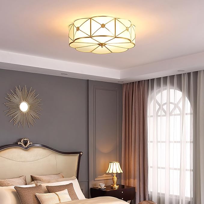 MIXL- Mid Century Brass Flush Mount Ceiling Light, 4-Light LED Brass and Glass Ceiling Lamp, Frosted Glass Shade Modern Light, Close to Ceiling Light Decorative for Bedroom Living Room(17.71" W)