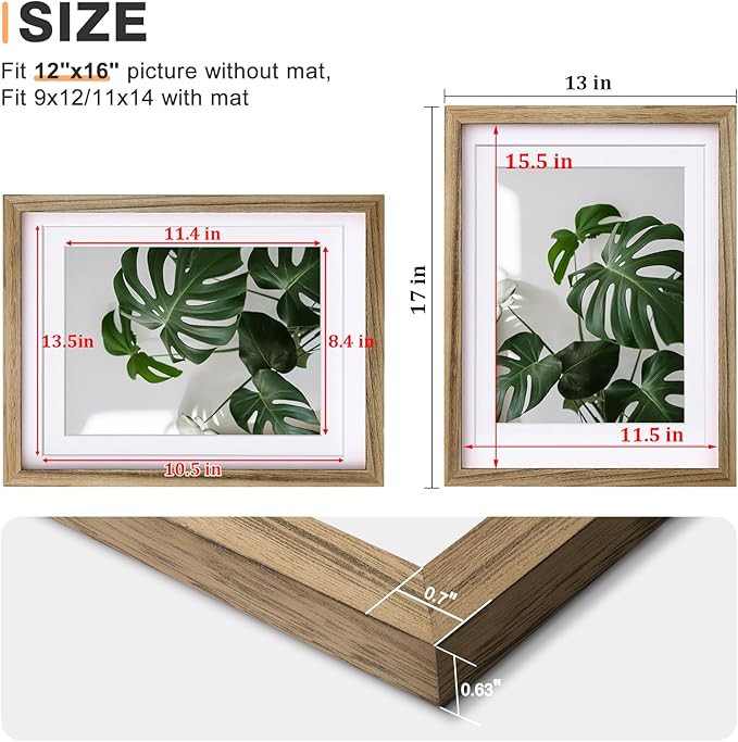 Egofine 12x16 Picture Frame with Plexiglass Made of Solid Wood, Display Pictures 9x12/11x14 with Mat or 12x16 Without Mat Set of 4 for Wall Mounting, Carbonized Brown