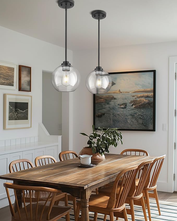 8 inch Matte Black Pendant Light, Mid Century Globe Haning Light Fixture Ceiling with Clear Glass for Kitchen Island Dining Room Bedroom Hallway Foyer (1 Pack), PL101BK-L