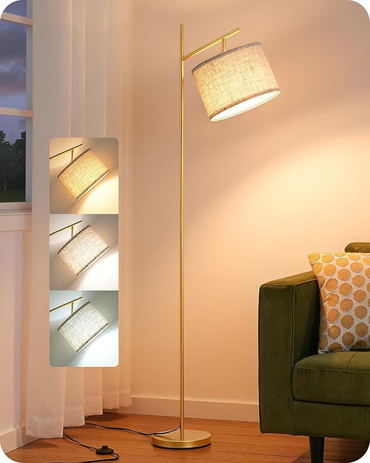 EDISHINE 64.7" Modern Minimalist Floor Lamps for Living Room with 3 Color Temperatures Bulb & Adjustable Linen Shade, Foot Pedal Switch, Tall Standing Lamp for Bedroom Office, Gold