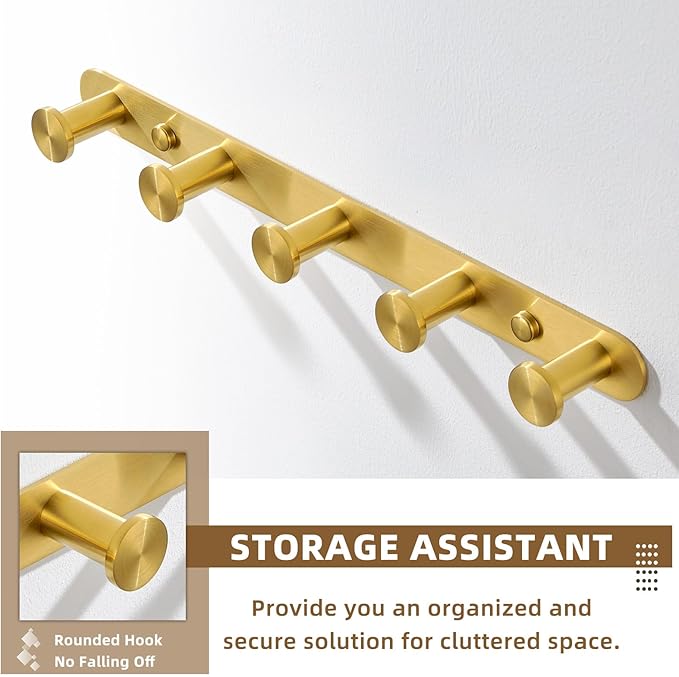 Angle Simple Towel Hook Rack Brushed Gold, SUS304 Stainless Steel Bathroom Hook Rail 5 Hooks, Utility Kitchen Towel Holder, Wall Mount