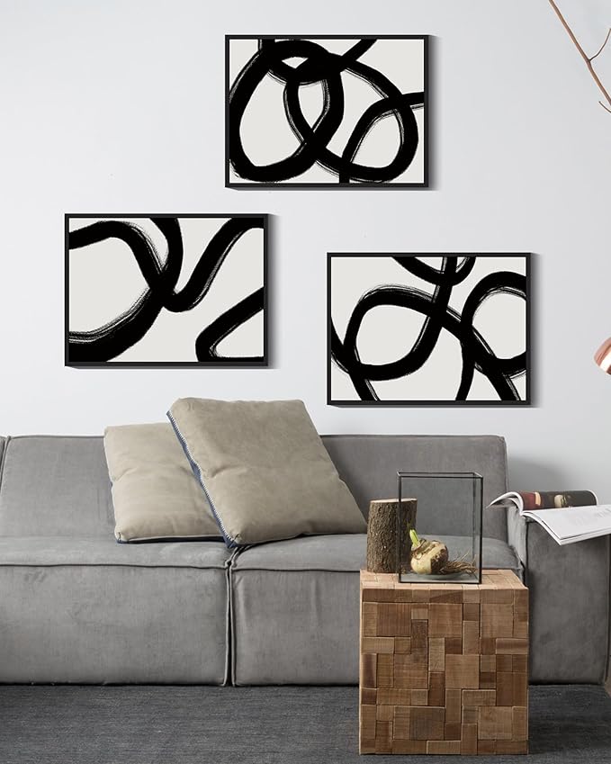 KUVIOKE Black and Wahite Abstract Framed Wall Art Ink Wash Minimalist Lines Painting Artwork for Bedroom Hallway 12x16in (Black Framed)