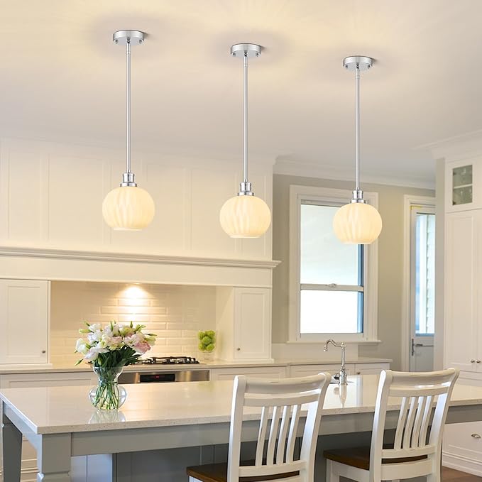 Milk Glass Pendant Lights Kitchen Island, 1-Light 7.1" Brushed Nickel Modern Pendant Light Fixtures with Rods, Globe Hanging Lighting for Kitchen Sink Bathroom Dining Room, E26 Base