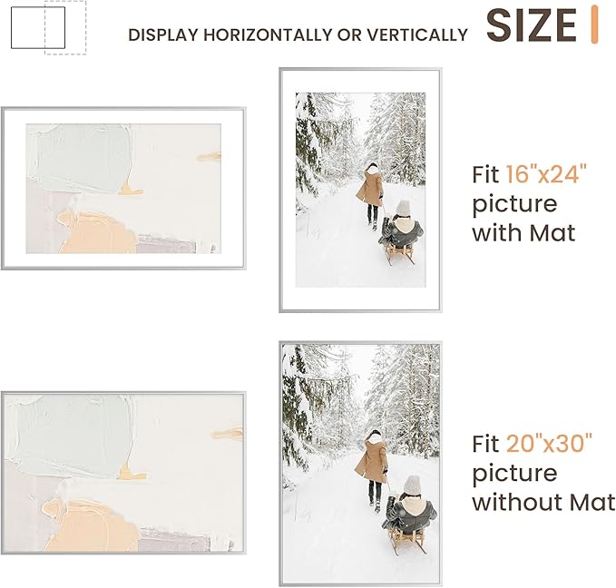 20x30 Aluminum Picture Frame, 20x30 Silver Metal Frame with Mat for 16x24 Photo, Wall Mounting or Tabletop Display, Poster Frame Sawtooth Picture Hangers Included for Home Wall Decor, Set of 1