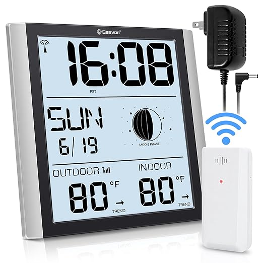 Geevon Digital Atomic Wall Clock with Moon Phase and Backlight, Silent Non-Ticking Alarm Clock with 8 Inch Large Display, Indoor Outdoor Temperature, Calendar for Home Office Bedroom Kitchen