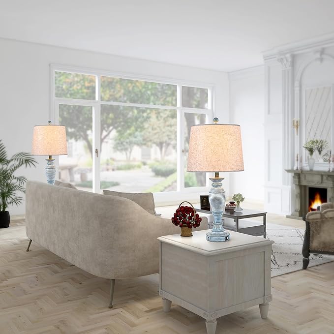 Blue Lamps Set of 2, 27.7" Table Lamps for Living Room with USB A+C Ports, Touch Lamp for Bedroom, 2 Bulbs Included