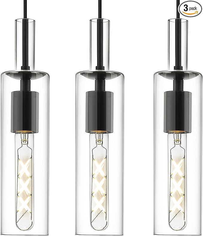 AUTELO 3-Pack Pendant Lights, Black Pendant Lights Kitchen Island, Modern Pendant Light Fixtures with Clear Cylinder Glass, Kitchen Pendant Lighting Over Island, H3875 BK-3PK