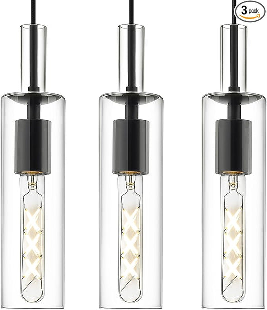 AUTELO 3-Pack Pendant Lights, Black Pendant Lights Kitchen Island, Modern Pendant Light Fixtures with Clear Cylinder Glass, Kitchen Pendant Lighting Over Island, H3875 BK-3PK