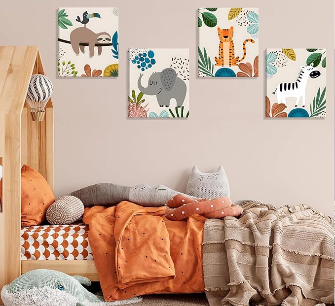 4pcs framed Baby Safari Nursery Wall Art Zebra elephant tiger monkey Pictures Poster Cute Animal Canvas Paintings Prints Decor for Kid Room Baby Room Wall Decor