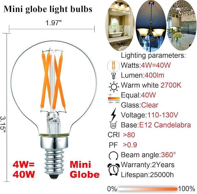 LiteHistory Dimmable g16.5 led Bulb e12 g16 1/2 led Candelabra Bulb 40w led Edison Bulb 2700K 400lm ac120v 4w g50 led Globe Bulb for Chandelier,Vanity and Ceiling Fan Light Bulbs 6Pack