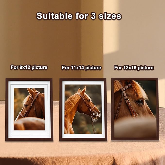 Egofine 12x16 Picture Frames with Plexiglass, Display Pictures 9x12/11x14 with Mat or 12x16 Without Mat Set of 4 for Wall Mounting,Walnut Color