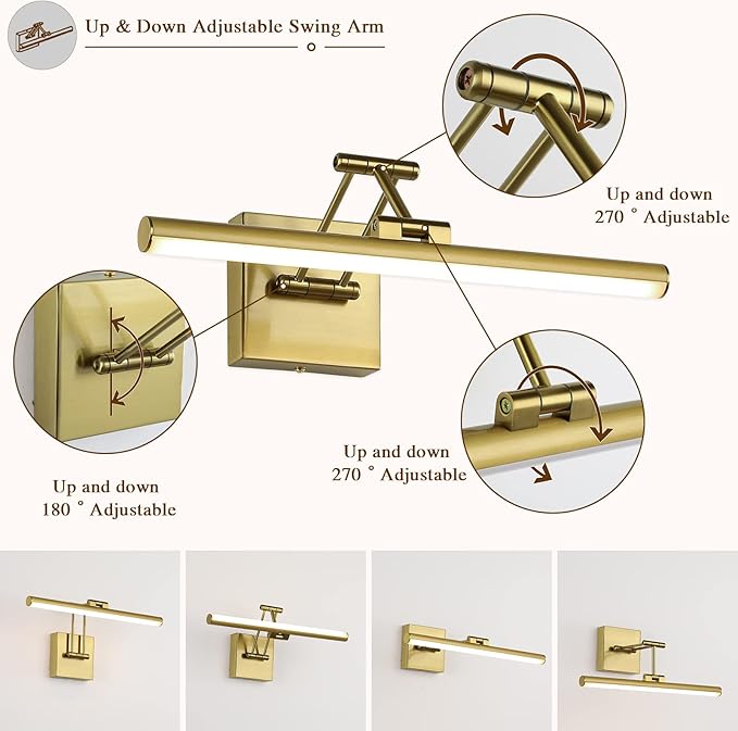 Joossnwell LED Picture Lights for Paintings Dimmable 15.5 Inch Long Hard-Wired Picture Frame Lights Brass Gallery Wall Light with Adjustable Swing Arm Art Display Lamps 7W 3000K Warm White