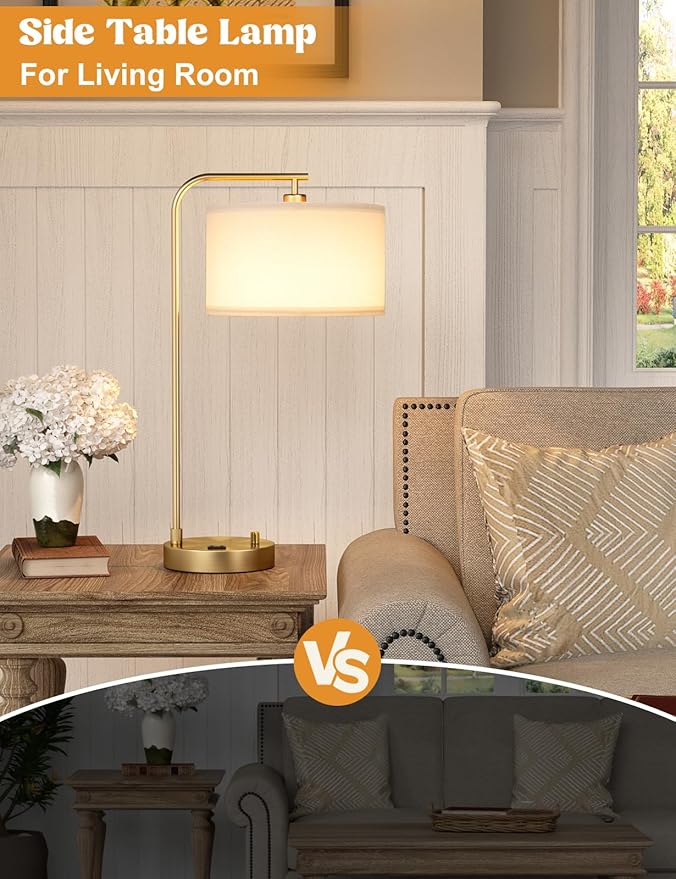 Gold Table Lamp with USB Port and Outlet, Dimmable Nightstand Bedside Lamps with Linen Lampshade, Desk Lamp for Bedroom, Living Room, Guest Room, Home Office, LED Bulb Included