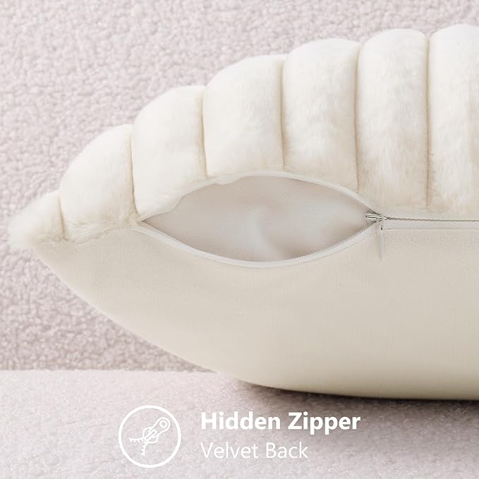 decorUhome Faux Fur Christmas Throw Pillow Covers 18x18 Set of 2, Decorative Soft Plush Striped Neutral Couch Euro Pillow Covers with Velvet Back for Sofa, Bed, Living Room Home Decor, Cream White