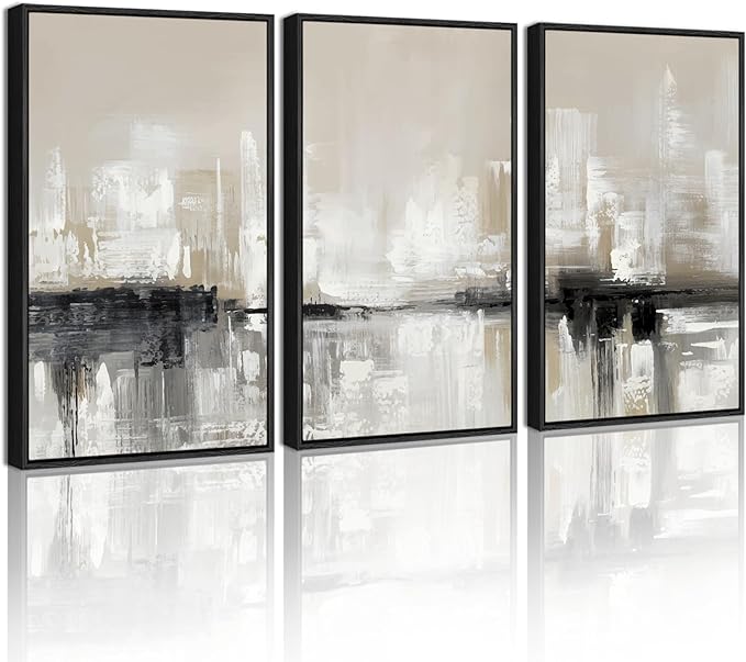 KUVIOKE Abstract Gray Framed Wall Art Neutral Brown Artwork Painting Morden Minimalist Wall Decor Rustic Home Decor 16x24in (Black Framed)