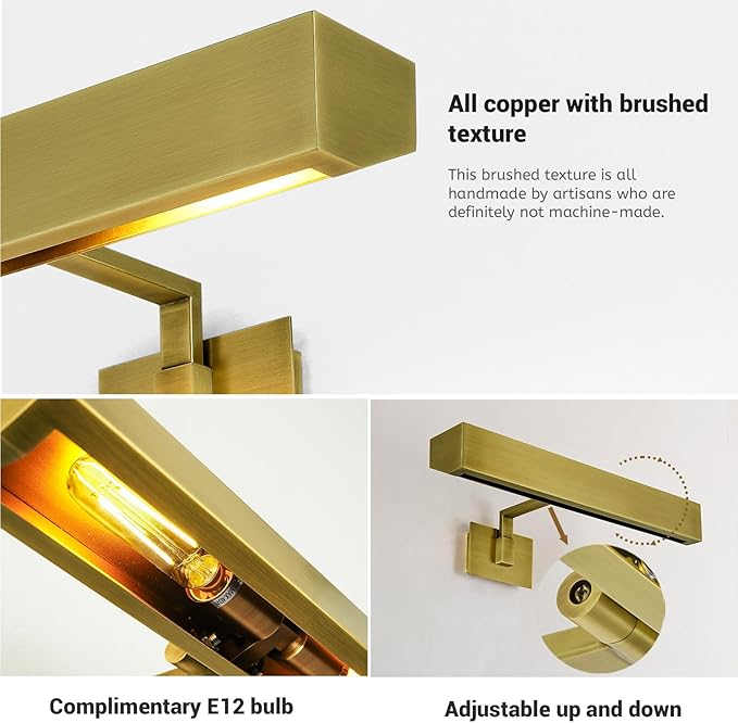 Picture Light, 24" Brass Picture Lights for Wall, Gold Art Lights Hardwired, Dimmable Gallery Light, 3000K Vanity Lights, Picture Frame Light for Bathroom Wall Sconces Artwork Poster Display