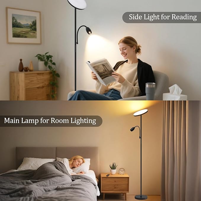 LED Torchiere Floor Lamp with Gooseneck Reading Light, 69" Dimmable Reading Floor Lamp with Adjustable Color Beam, Remote Control Standing Lamp, Zoomable Spotlight for Living Room,Bedroom,Office,Black