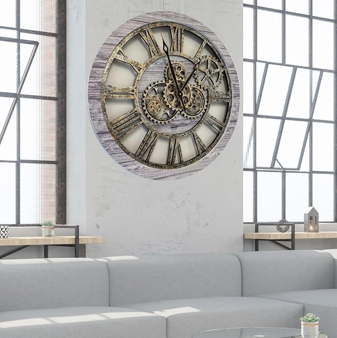 ImprovingLife The Gears Clock The Original Real Moving Gear Wall Clock Vintage Industrial Oversized Rustic Farmhouse (24 inch (60cm),Silver Grey)