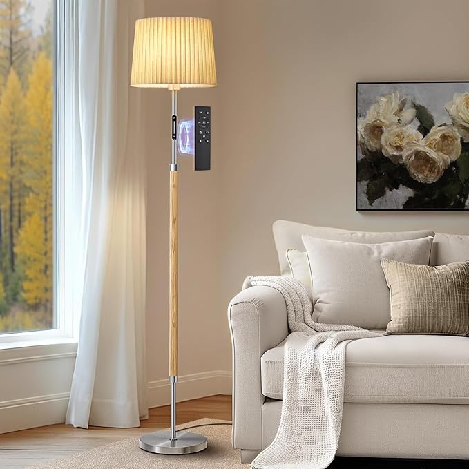 Floor Lamps for Living Room, 61" Natural Wood Floor Lamp with Remote & Touch Control, Stepless Dimmable, Modern Farmhouse Standing Lamp with Double-Layer Pleated Lampshade for Bedroom Office