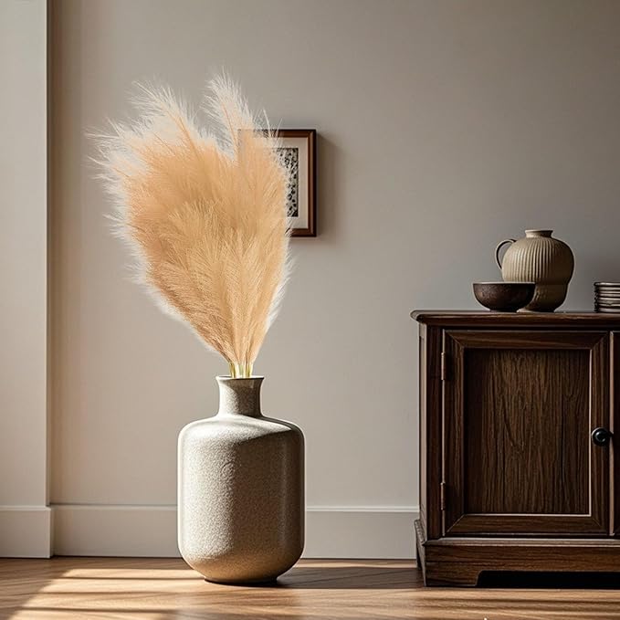 8 Pcs Khaki Tall Faux Pampas Grass Decor, 45 Inches Artificial Pampas Grass Bulk, Large Faux Pompas Dried Decor for Floor Vase Filler, Home Boho, Wedding Anniversaries, Baby Shower Decoration