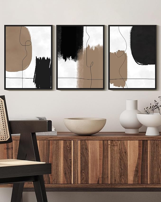 KUVIOKE Neutral Abstract Framed Wall Art Beige Mid Century Textured Wall Decor Minimalist Line Modern Illustrations Art Print Home Decor 11x14in (Black Framed)