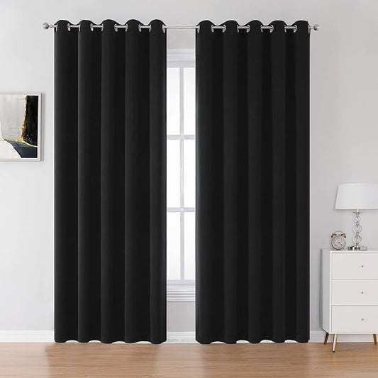 DUALIFE Blackout Curtains 60 inches Wide x 84 inches Long 2 Panels - Grommet Wall Divider Drapes Thermal Insulated Curtains for Bedroom Doorway, Black Color