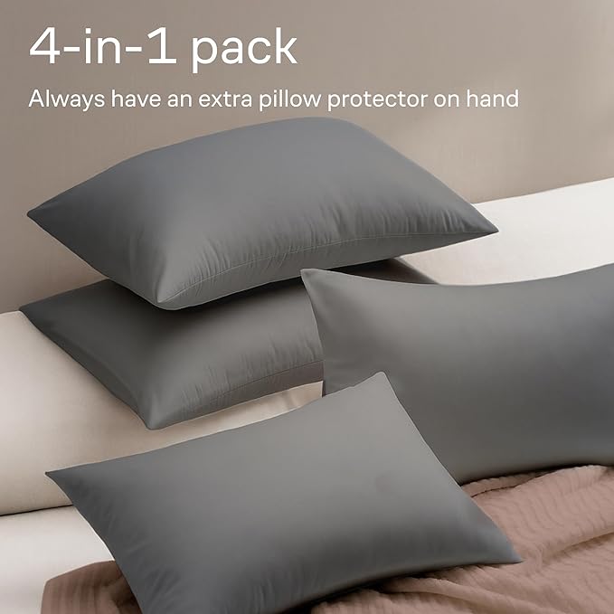 Ultra Soft Pillow Protectors with Zipper Standard Size - Set of 4 Breathable Pillow Covers - 100% Protection Against Stains, Dust & Dirt - Machine Washable (Gray)